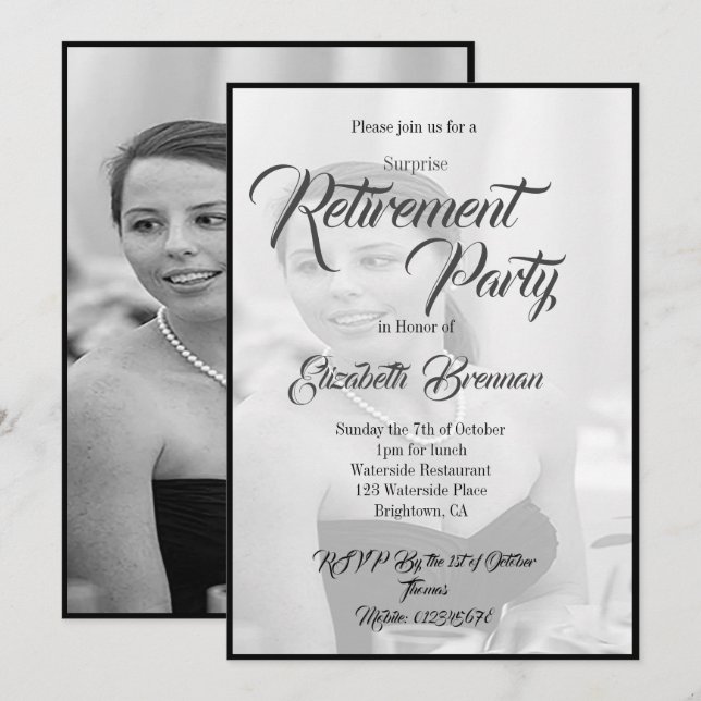 Invitation Photo de retraite Élégant noir et blanc élégant (Devant / Derrière)