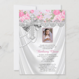 Invitation Photo de Rose Rose Premier Communion en Satin Blan