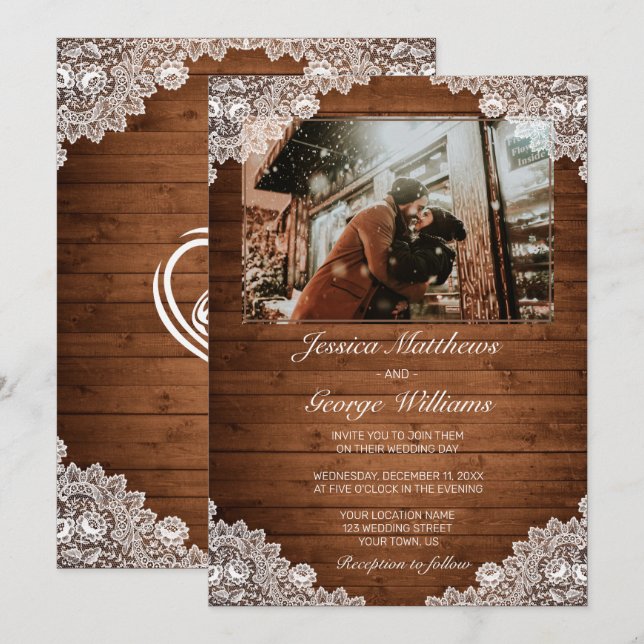Invitation Photo de Rustic Wood & White Lace Wedding (Devant / Derrière)