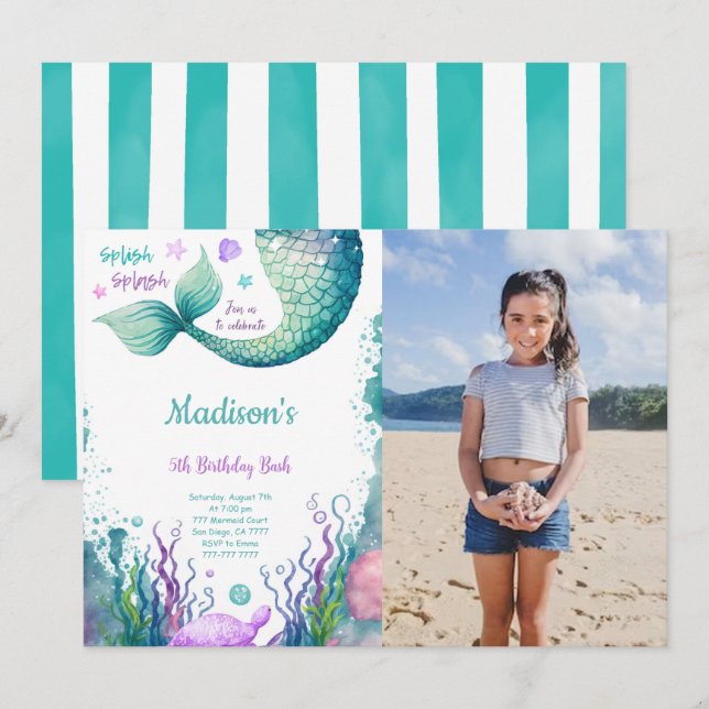 Invitation photo de sirène pour 5ème anniversaire (Devant / Derrière)