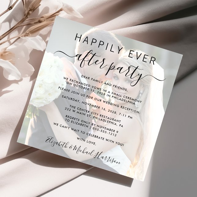 Invitation Photo de superposition de réception de mariage Apr (An chic photo overlay Happily Ever After Party invitation for your wedding celebration)