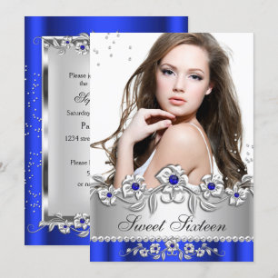 Invitation Photo de Sweet 16 Royal Blue Silver Diamond Jewel