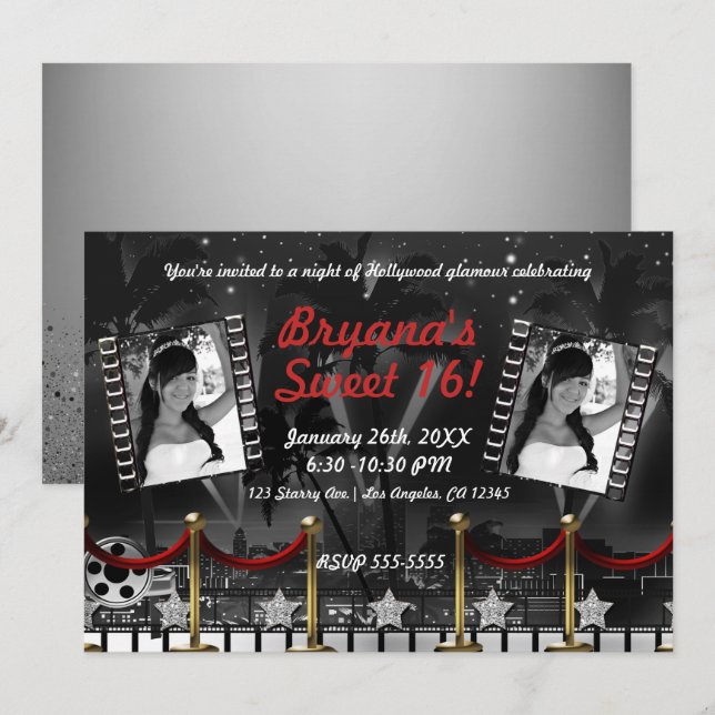 Invitation Photo de tapis rouge Hollywood noir et blanc vinta (Devant / Derrière)