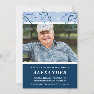 Invitation Photo d'homme bleu marine moderne 98e anniversaire