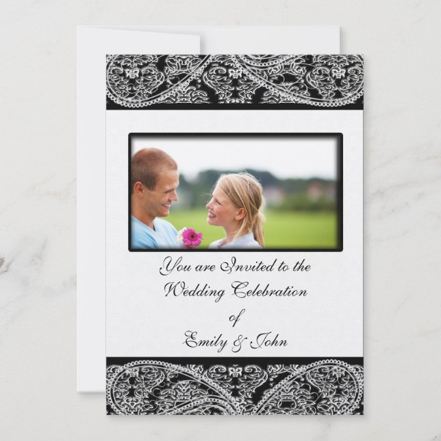 Invitation Photo d'invitation Monogram Black Mariage damassé (Devant)