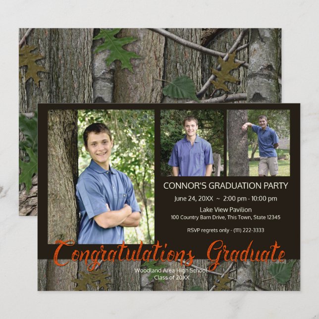 Invitation Photo d'obtention du diplôme de Camo Woodland (Devant / Derrière)