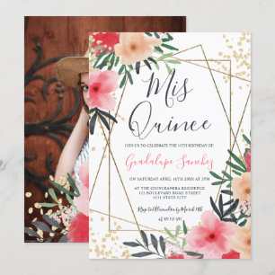 Invitation Photo d'or floral rose moderne quinceanera