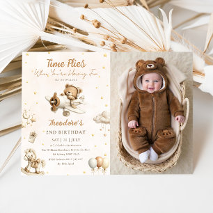 Invitation Photo d'ours en peluche marron volant en avion