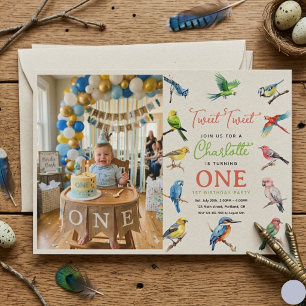 Invitation Photo du 1er anniversaire de joli oiseau Douce p