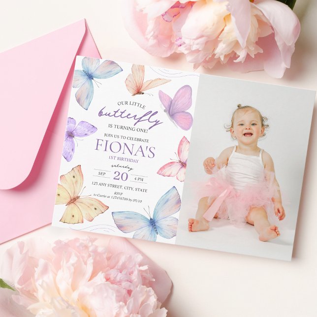 Invitation Photo du 1er anniversaire de la petite fille papil (1st birthday invitation photo, our little butterfly)