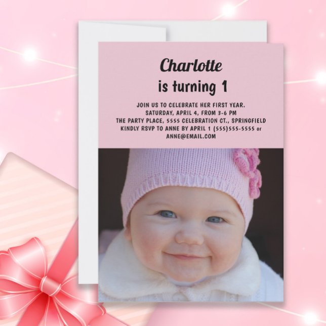 Invitation Photo du 1er anniversaire de la petite fille rose  (Pink photo invitation for baby girl's 1st birthday party)