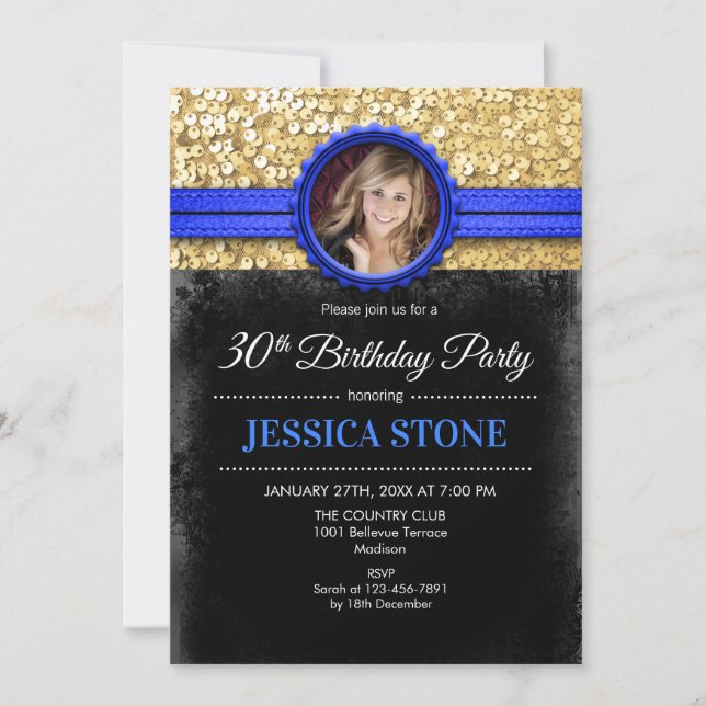 Invitation Photo du 30e anniversaire - Gold Black Royal Blue (Devant)