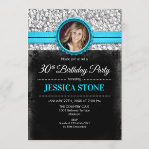 Invitation Photo du 30e anniversaire - Silver Black Aqua Blue