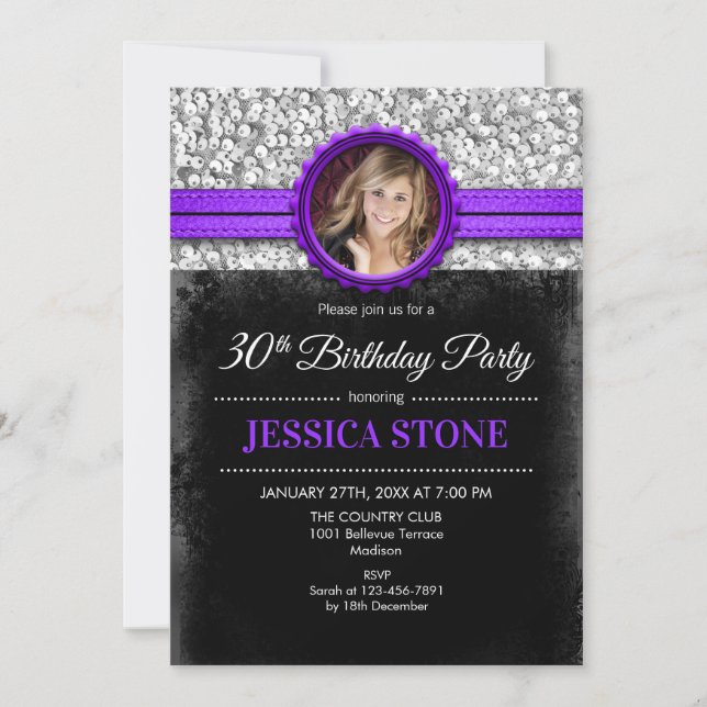 Invitation Photo du 30e anniversaire - Silver Black Purple (Devant)