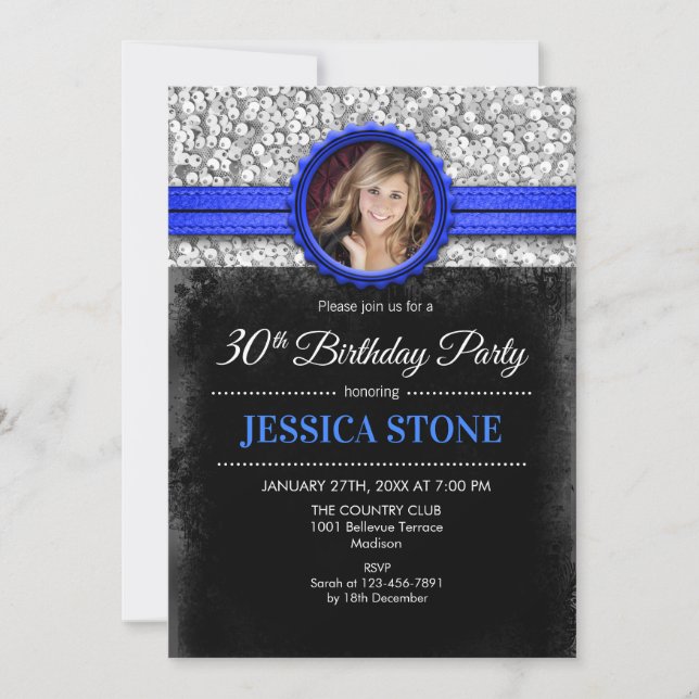 Invitation Photo du 30e anniversaire - Silver Black Royal Blu (Devant)