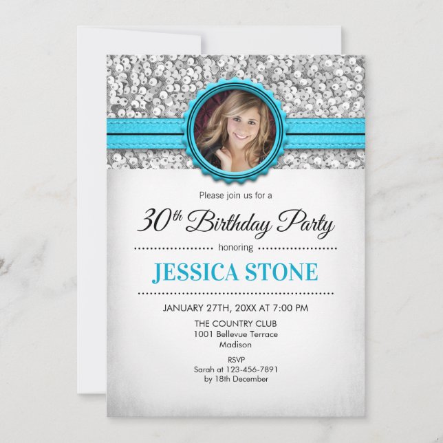 Invitation Photo du 30e anniversaire - Silver White Aqua Blue (Devant)