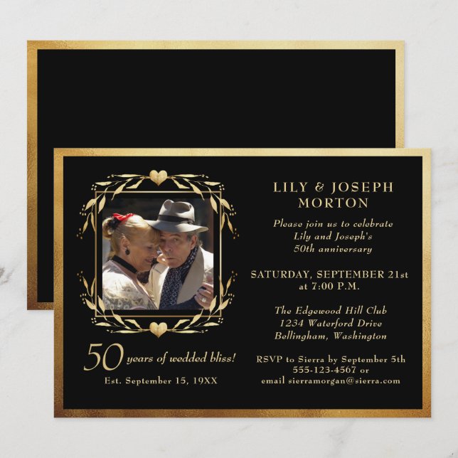 Invitation Photo du 50e anniversaire du Mariage Black & Gold (Devant / Derrière)