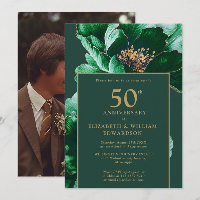 Invitation Photo du 50e anniversaire du vert d'émeraude moder (Devant / Derrière)