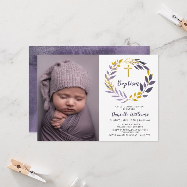 Invitation Photo du baptême | Violet Golden Botanical Invitat (Devant/Arrière en situation)