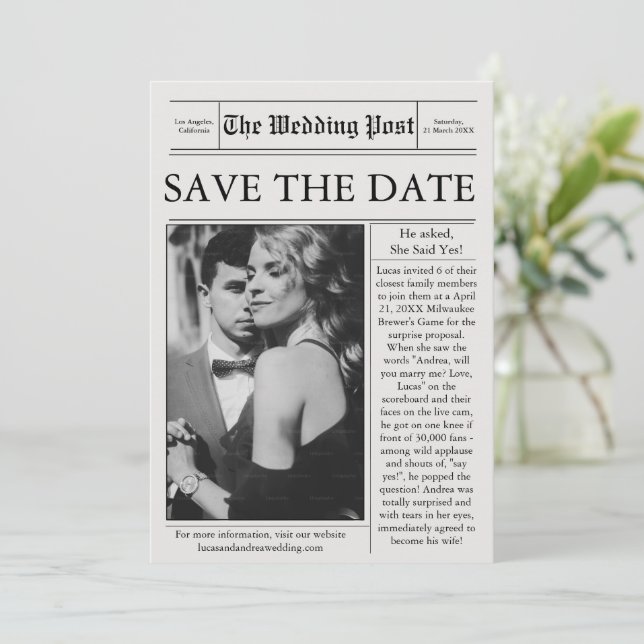Invitation Photo du journal Sauvegarder la date Mariage (Debout devant)