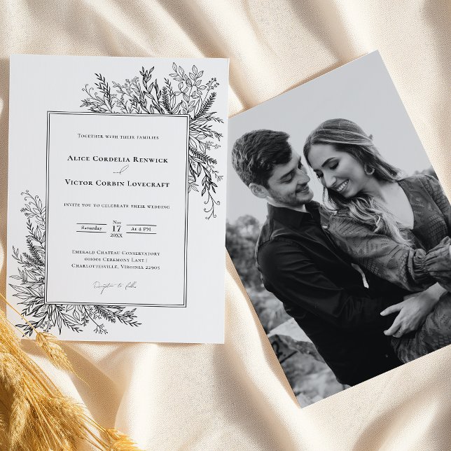 Invitation Photo du Mariage de la verdure blanche et noire (Créateur téléchargé)
