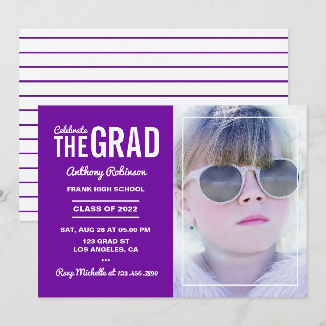 Invitation Photo du Royal Purple and White Graduation Party (Devant / Derrière)