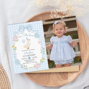 Invitation Photo d'un soyeux bow d'oie florale 1er anniversai