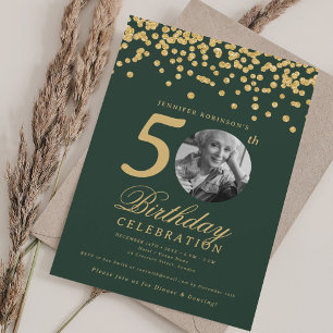Invitation Photo élégant 50e Anniversaire Confettis Dorés Ver