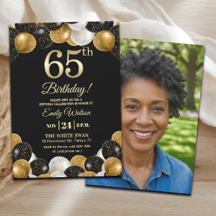 Invitation Photo élégant 65e anniversaire avec paillettes noi