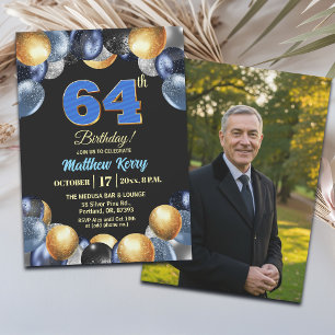 Invitation Photo élégant bleu argent or 64e anniversaire
