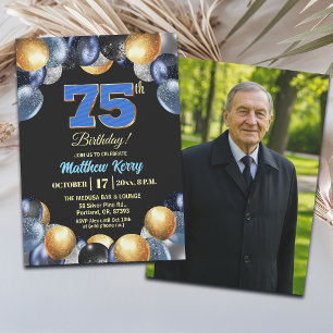 Invitation Photo élégant bleu argent or 75e anniversaire