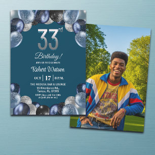 Invitation Photo élégant bleu argent paillettes 33e anniversa