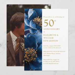 Invitation Photo élégant bleu or floral 50e anniversaire