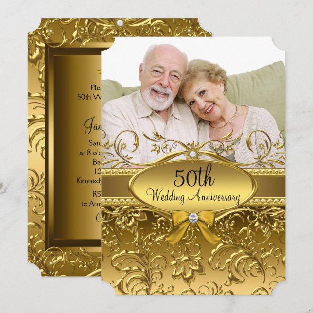 Invitation Photo élégant damas or 50e anniversaire (Devant / Derrière)