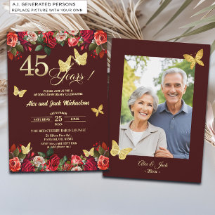 Invitation Photo élégant floral or 45e anniversaire de mariag