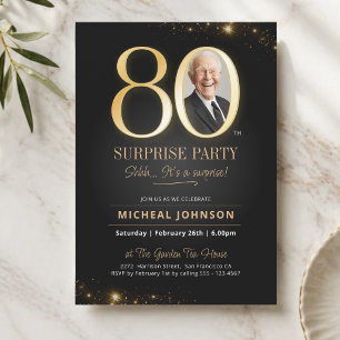 Invitation Photo élégant noir or Anniversaire surprise 80 ans