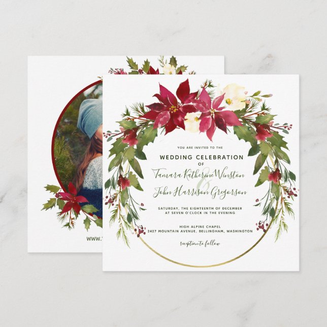 Invitation Photo Elegant Poinsettia Floral Mariage de Noël (Devant / Derrière)