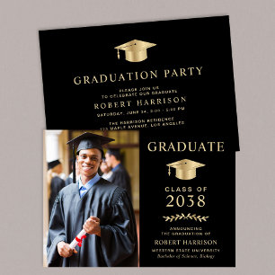 Invitation Photo élégante Black Gold College Graduation Party