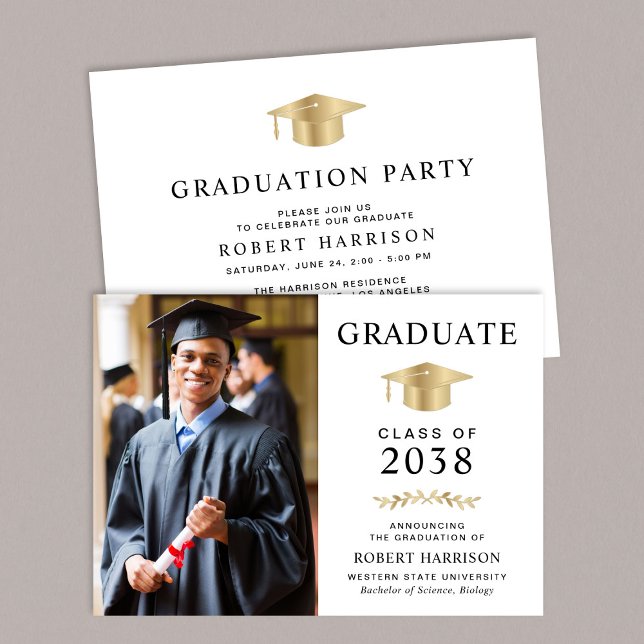Invitation Photo élégante White Gold College Graduation Party (An elegant college graduation party invitation to celebrate the graduate's achievements)