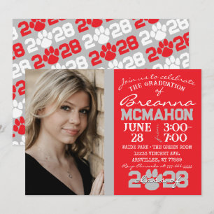 Invitation Photo Empreinte de patte gris rouge et argent