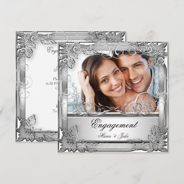 Invitation Photo en argent blanc de la partie d'engagement (Devant / Derrière)