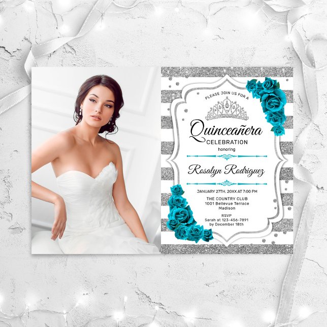 Invitation Photo en argent bleu turquoise Quinceanera (Créateur téléchargé)