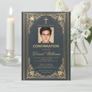 Invitation Photo en bleu vieilli or élégant garçon confirmati