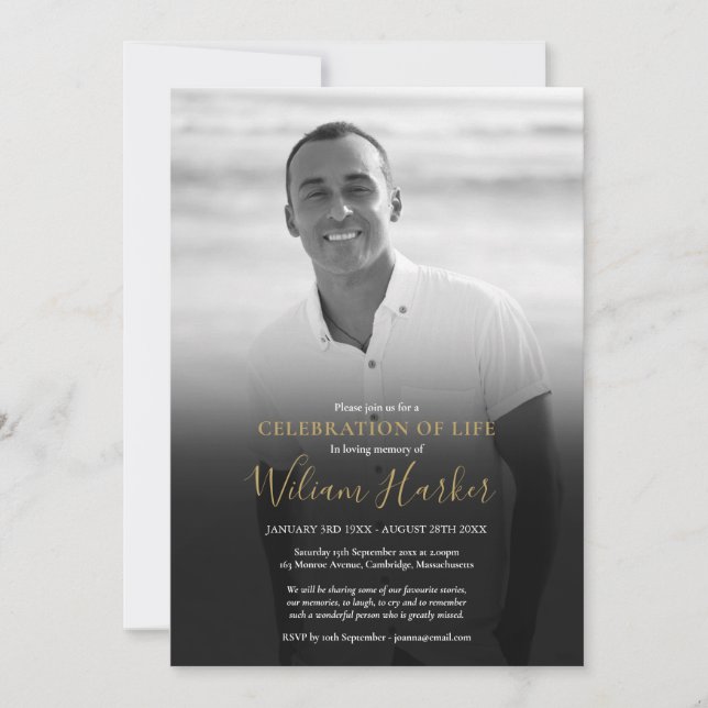 Invitation Photo en noir et blanc Célébration des funérailles (Devant)