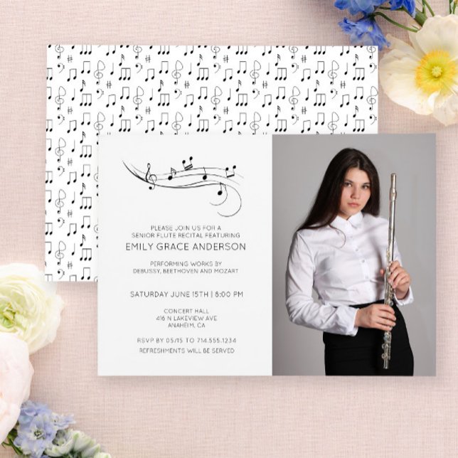 Invitation Photo en noir et blanc de notes de musique pour ré (Easily personalize this recital invite with your photo and details.)