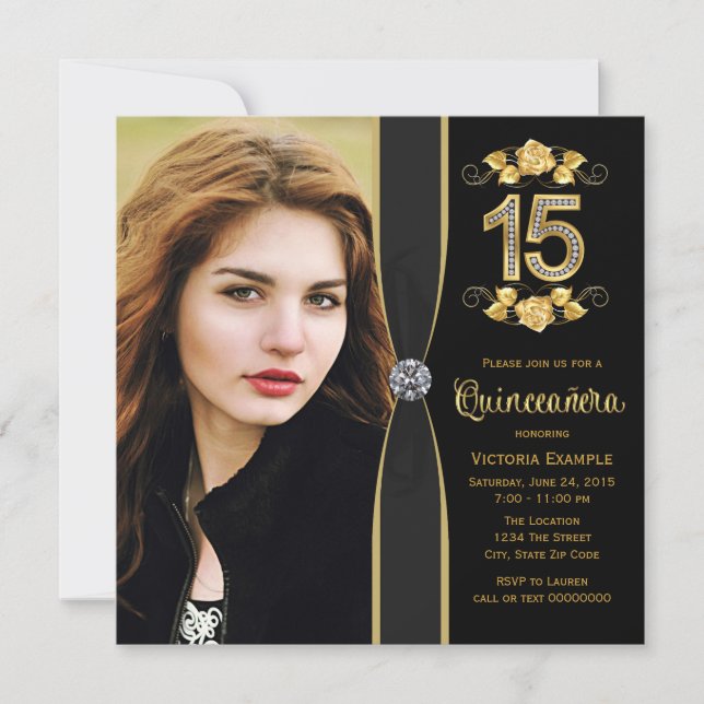 Invitation Photo en or noir Quinceanera (Devant)