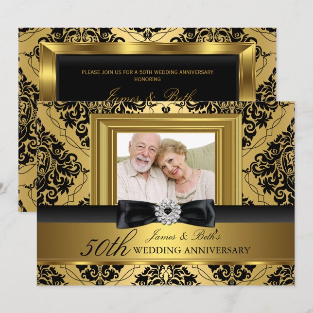Invitation Photo en ruban damassé or pour 50 ans de mariage 2 (Devant / Derrière)