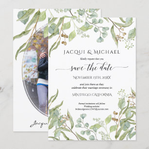 Invitation Photo Enregistrer la date Aquarelle Eucalyptus Ver