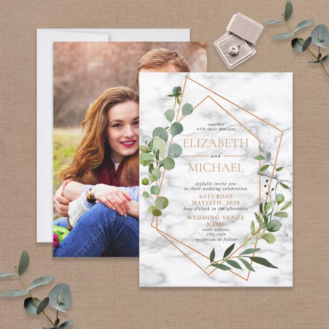 Invitation Photo Eucalyptus Géométrique en cuivre Marbre Élég (Créateur téléchargé)
