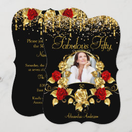Invitation Photo Fabuleux 50 Fête Roses Rouges Paillettes Or